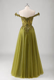 Sparkly Olive A Line Off The Shoulder Corset Long Prom Dress with Sequins