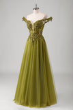 Sparkly Olive A Line Off The Shoulder Corset Long Prom Dress with Sequins