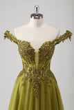 Sparkly Olive A Line Off The Shoulder Corset Long Prom Dress with Sequins