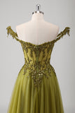 Sparkly Olive A Line Off The Shoulder Corset Long Prom Dress with Sequins