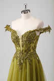 Sparkly Olive A Line Off The Shoulder Corset Long Prom Dress with Sequins