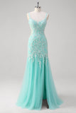 Sparkly Mint Mermaid Appliques Lace Sequin Long Prom Dress with Tulle Slit