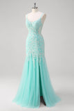 Sparkly Mint Mermaid Appliques Lace Sequin Long Prom Dress with Tulle Slit