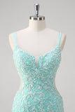 Sparkly Mint Mermaid Appliques Lace Sequin Long Prom Dress with Tulle Slit