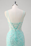 Sparkly Mint Mermaid Appliques Lace Sequin Long Prom Dress with Tulle Slit