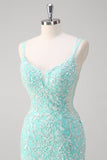 Sparkly Mint Mermaid Appliques Lace Sequin Long Prom Dress with Tulle Slit