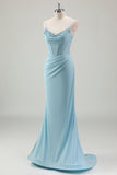 Sparkly Blue Mermaid Spaghetti Straps Corset Prom Dress With Beading