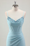 Sparkly Blue Mermaid Spaghetti Straps Corset Prom Dress With Beading