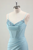 Sparkly Blue Mermaid Spaghetti Straps Corset Prom Dress With Beading