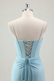 Sparkly Blue Mermaid Spaghetti Straps Corset Prom Dress With Beading