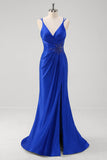 Sparkly Mermaid Spaghetti Straps Ruched Long Royal Blue Prom Dress With Slit