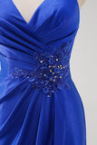 Sparkly Mermaid Spaghetti Straps Ruched Long Royal Blue Prom Dress With Slit