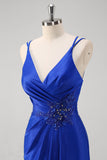 Sparkly Mermaid Spaghetti Straps Ruched Long Royal Blue Prom Dress With Slit