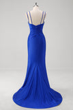 Sparkly Mermaid Spaghetti Straps Ruched Long Royal Blue Prom Dress With Slit