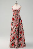 Pink Red Flower A-Line Spaghetti Straps Corset Ruched Long Prom Dress with Slit