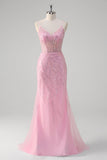 Glitter Pink Mermaid Spaghetti Straps Corset Long Prom Dress with Sequins