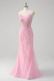 Glitter Pink Mermaid Spaghetti Straps Corset Long Prom Dress with Sequins