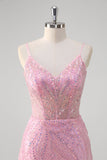 Glitter Pink Mermaid Spaghetti Straps Corset Long Prom Dress with Sequins