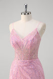 Glitter Pink Mermaid Spaghetti Straps Corset Long Prom Dress with Sequins