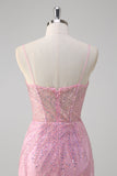 Glitter Pink Mermaid Spaghetti Straps Corset Long Prom Dress with Sequins