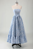 Blue A-Line Strapless Long Ruffled Prom Dress with Belt