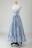 Blue A-Line Strapless Long Ruffled Prom Dress with Belt