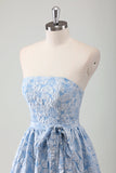 Blue A-Line Strapless Long Ruffled Prom Dress with Belt