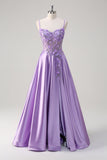 Purple Floral A Line 3D Flowers Sheer Corset Beaded Prom Dress with Slit