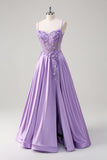 Purple Floral A Line 3D Flowers Sheer Corset Beaded Prom Dress with Slit