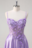 Purple Floral A Line 3D Flowers Sheer Corset Beaded Prom Dress with Slit