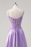 Purple Floral A Line 3D Flowers Sheer Corset Beaded Prom Dress with Slit