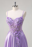 Purple Floral A Line 3D Flowers Sheer Corset Beaded Prom Dress with Slit