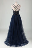 Sparkly Navy A-Line Spaghetti Straps Long Prom Dress with Sequins