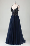 Sparkly Navy A-Line Spaghetti Straps Long Prom Dress with Sequins