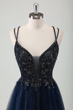 Sparkly Navy A-Line Spaghetti Straps Long Prom Dress with Sequins