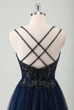 Sparkly Navy A-Line Spaghetti Straps Long Prom Dress with Sequins