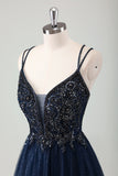 Sparkly Navy A-Line Spaghetti Straps Long Prom Dress with Sequins