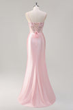 Sparkly Pink Mermaid Sheer Corset Ruched Sequin Long Prom Dress with Slit