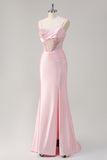 Sparkly Pink Mermaid Sheer Corset Ruched Sequin Long Prom Dress with Slit