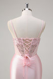 Sparkly Pink Mermaid Sheer Corset Ruched Sequin Long Prom Dress with Slit