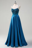 Glitter Blue Corset Spaghetti Straps Long Prom Dress With Sequins