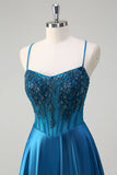 Glitter Blue Corset Spaghetti Straps Long Prom Dress With Sequins