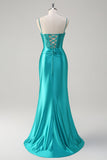 Peacock Mermaid Corset Spaghetti Straps Long Prom Dress with Slit