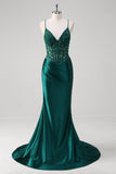 Dark Green Mermaid Lace Up Back Corset Long Prom Dress with Beading