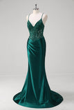 Dark Green Mermaid Lace Up Back Corset Long Prom Dress with Beading