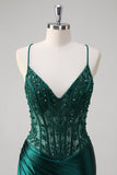 Dark Green Mermaid Lace Up Back Corset Long Prom Dress with Beading