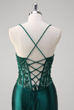 Dark Green Mermaid Lace Up Back Corset Long Prom Dress with Beading