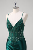 Dark Green Mermaid Lace Up Back Corset Long Prom Dress with Beading