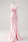 Pink Mermaid Sheer Corset 3D Flowers Ruched Beaded Prom Dress with Slit