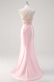 Pink Mermaid Sheer Corset 3D Flowers Ruched Beaded Prom Dress with Slit